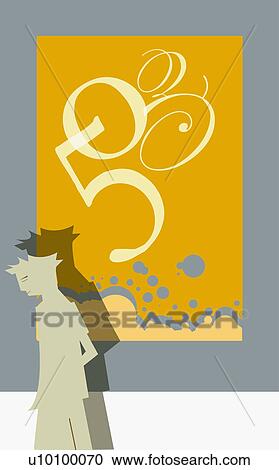 Clipart - Close-up of a man in front of a poster. Fotosearch