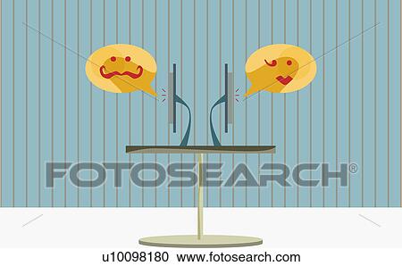 Male and female faces near a computer monitor View Large Illustration Clipart - Male and female faces near a computer monitor. Fotosearch