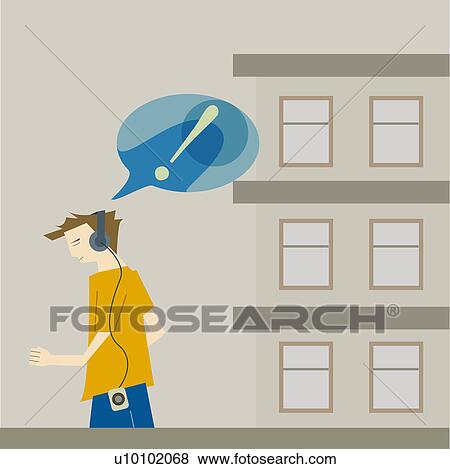 Stock Illustration - Man listening to an MP3 player. Fotosearch