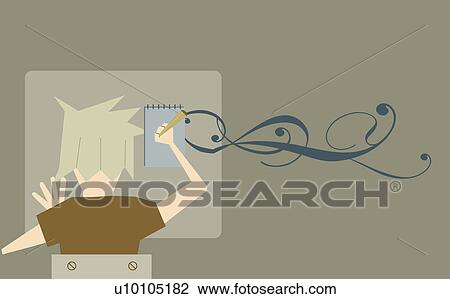 Drawing - Rear view of a person writing on a notepad. Fotosearch