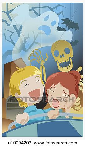 Drawing - Close-up of a girl and a boy in an amusement park. Fotosearch