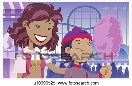 Stock Illustration - Close-up of a girl holding an ice-cream cone with her brother holding cotton candy. Fotosearch