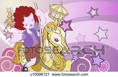Stock Illustration - Close-up of a girl on a carousel horse. Fotosearch