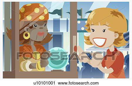 Clip Art - Close-up of a girl standing near a fortune teller. Fotosearch