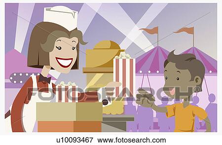 Stock Illustration - Close-up of a market vendor giving a popcorn box to a boy. Fotosearch