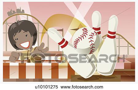 Girl throwing a baseball at bowling pins in an amusement park View Large Illustration Stock Illustration - Girl throwing a baseball at bowling pins in an amusement park. Fotosearch