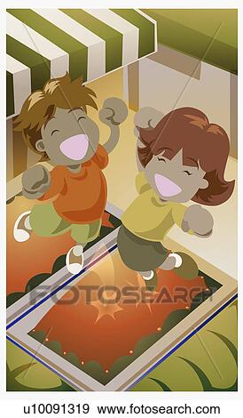 Stock Illustration - High angle view of a girl and a boy jumping on a trampoline. Fotosearch