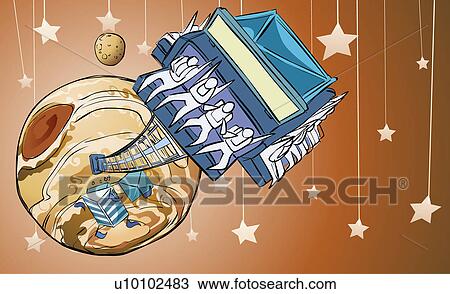 Drawing - High angle view of a group of people on a rollercoaster ride above the earth. Fotosearch
