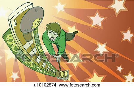 High angle view of a young man hitting a fairground strength tester with a hammer View Large Illustration Stock Illustration - High angle view of a young man hitting a fairground strength tester with a hammer. Fotosearch