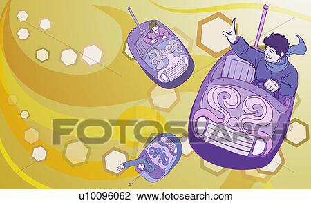 Drawing - High angle view of three people in a bumper car ride. Fotosearch
