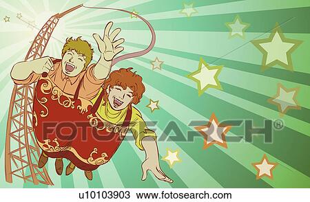 Drawing - Low angle view of a young couple hanging from a bungee cord. Fotosearch