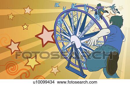 Stock Illustration - Rear view of a boy flying towards a ferris wheel. Fotosearch