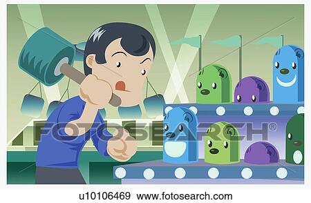 Stock Illustration - Side profile of a young man carrying a hammer at an amusement park strength tester. Fotosearch