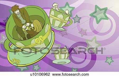 Young couple in an amusement park cup and saucer ride View Large Illustration Drawing - Young couple in an amusement park cup and saucer ride. Fotosearch