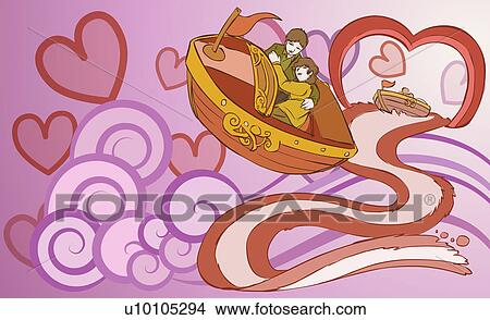 Young couple sitting in a boat in mid-air View Large Illustration Stock Illustration - Young couple sitting in a boat in mid-air. Fotosearch