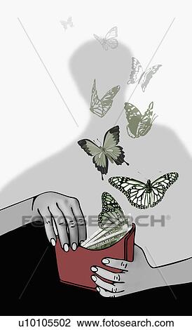 Drawing - Close-up of a woman's hand taking out money from a wallet with butterflies flying above it. Fotosearch