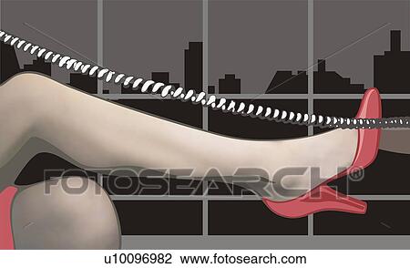 Close-up of a woman's leg with a telephone cord View Large Illustration Drawing - Close-up of a woman's leg with a telephone cord. Fotosearch