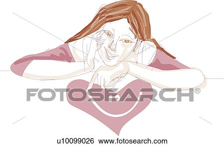Stock Illustration - Close-up of a young woman drawing a face in a heart. Fotosearch