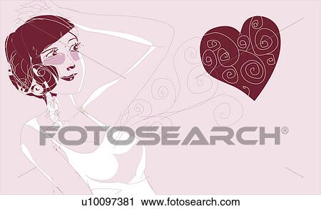 Clip Art - Close-up of a young woman looking at a heart. Fotosearch