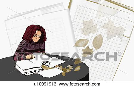 Drawing - High angle view of a woman reading a file. Fotosearch