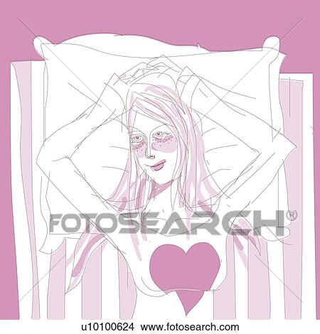High angle view of a young woman lying on the bed View Large Illustration Stock Illustration - High angle view of a young woman lying on the bed. Fotosearch