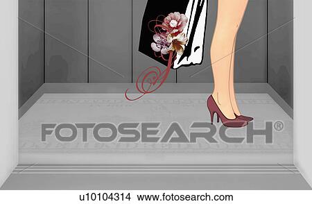 Stock Illustration - Low section view of a woman standing on one hundred dollar bill in an elevator. Fotosearch