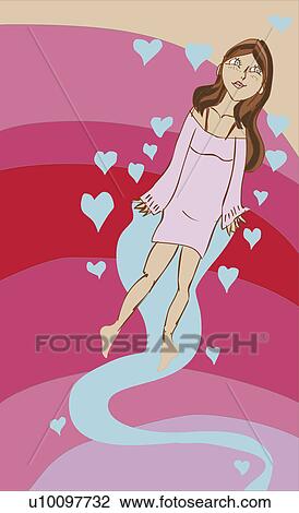 Drawing - Portrait of a teenage girl with hearts around her. Fotosearch