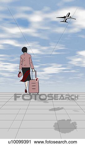 Clip Art - Rear view of a woman pulling a suitcase. Fotosearch