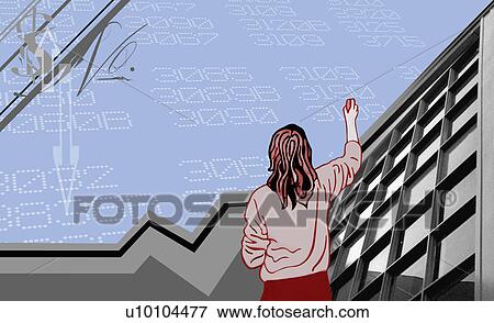 Stock Illustration - Rear view of a woman standing in front of stock market data. Fotosearch