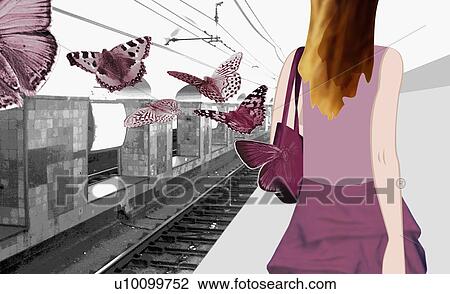 Rear view of a woman waiting at the train station View Large Illustration Drawing - Rear view of a woman waiting at the train station. Fotosearch