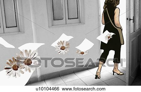 Stock Illustration - Rear view of a woman walking out of her house. Fotosearch