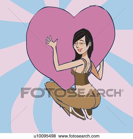 Rear view of a young woman holding a heart View Large Illustration Stock Illustration - Rear view of a young woman holding a heart. Fotosearch