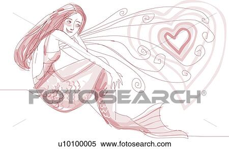 Stock Illustration - Side profile of a mermaid with a heart in front of her. Fotosearch
