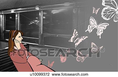 Side profile of a pregnant woman talking on a mobile phone and sitting in a train View Large Illustration Drawing - Side profile of a pregnant woman talking on a mobile phone and sitting in a train. Fotosearch
