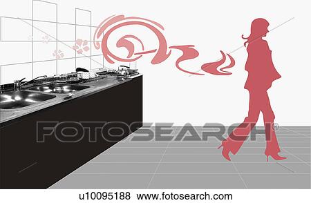 Stock Illustration - Side profile of a woman walking in a kitchen. Fotosearch