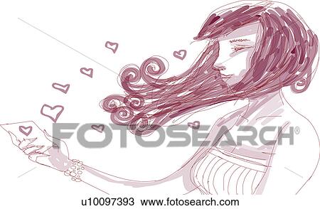 Side profile of a young woman holding a note View Large Illustration Drawing - Side profile of a young woman holding a note. Fotosearch