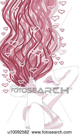 Drawing - Side profile of a young woman with hearts around her head. Fotosearch