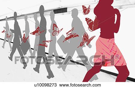 Side profile of men and women walking on a pedestrian walkway View Large Illustration Drawing - Side profile of men and women walking on a pedestrian walkway. Fotosearch