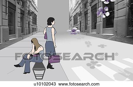 Side profile of two women on the sidewalk View Large Illustration Drawing - Side profile of two women on the sidewalk. Fotosearch