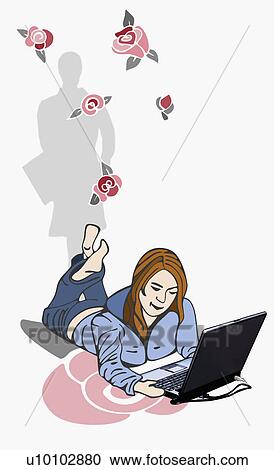 Clipart - Woman lying on the floor and using a laptop. Fotosearch