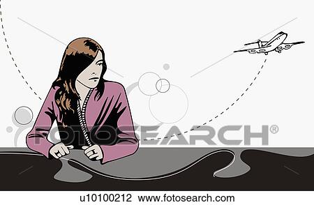 Drawing - Woman standing at the airport. Fotosearch