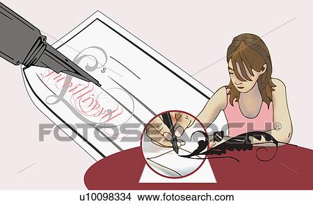 Woman writing a check View Large Illustration Stock Illustration - Woman writing a check. Fotosearch