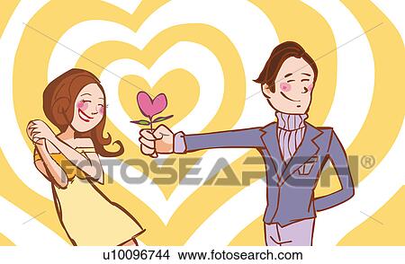 Young man giving a flower to a young woman View Large Illustration Stock Illustration - Young man giving a flower to a young woman. Fotosearch