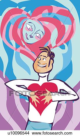 Stock Illustration - Young man holding a heart against his chest. Fotosearch