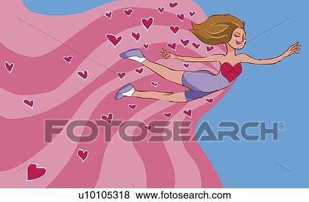 Stock Illustration - Young woman flying in mid-air with hearts behind her. Fotosearch