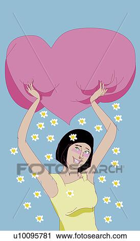 Clip Art - Young woman holding up a cloud with flowers falling around her. Fotosearch