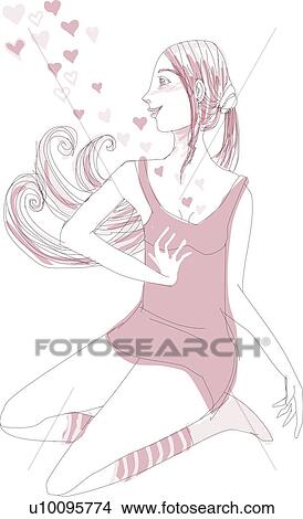 Stock Illustration - Young woman looking at hearts with her hand on her chest. Fotosearch