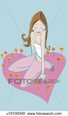 Young woman sitting on a heart View Large Illustration Clipart - Young woman sitting on a heart. Fotosearch