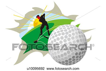 Drawing - Close-up of a golf ball with a young man swinging a golf club in the background. Fotosearch