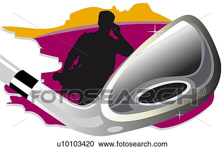 Close-up of a golf club with the silhouette of a person in the background View Large Illustration Clipart - Close-up of a golf club with the silhouette of a person in the background. Fotosearch